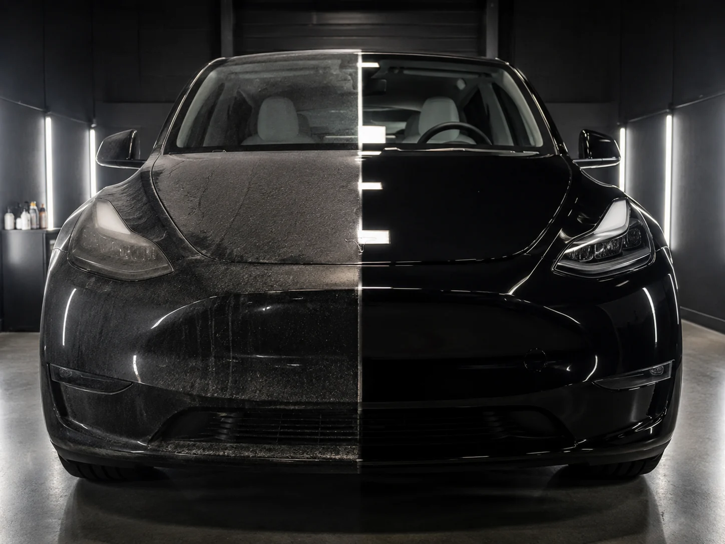 Comparación visual de un vehículo antes y después de un proceso de detailing